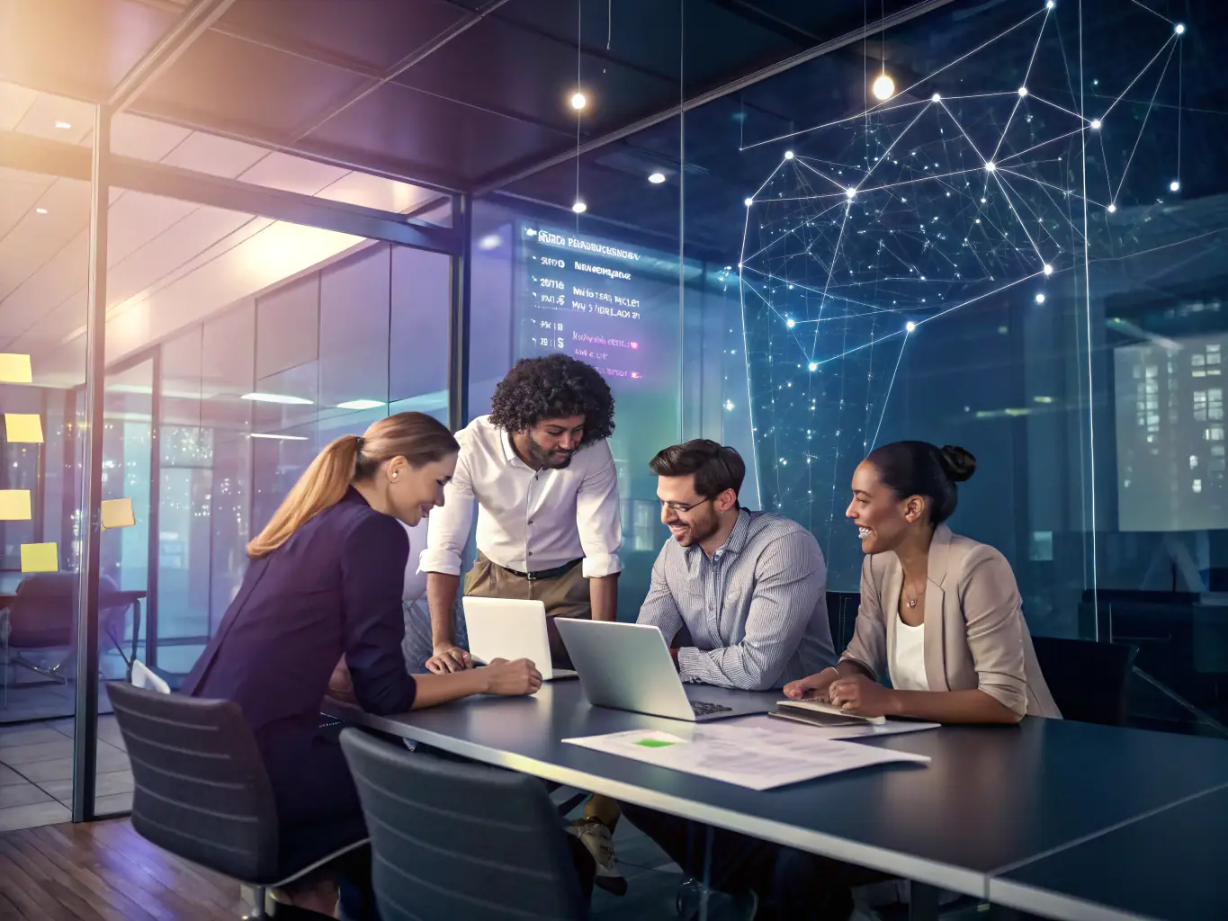 A diverse group of employees participating in a FitIQ AI training session, collaboratively working on laptops and engaging with the AI tools, showcasing the module's interactive and supportive learning environment.