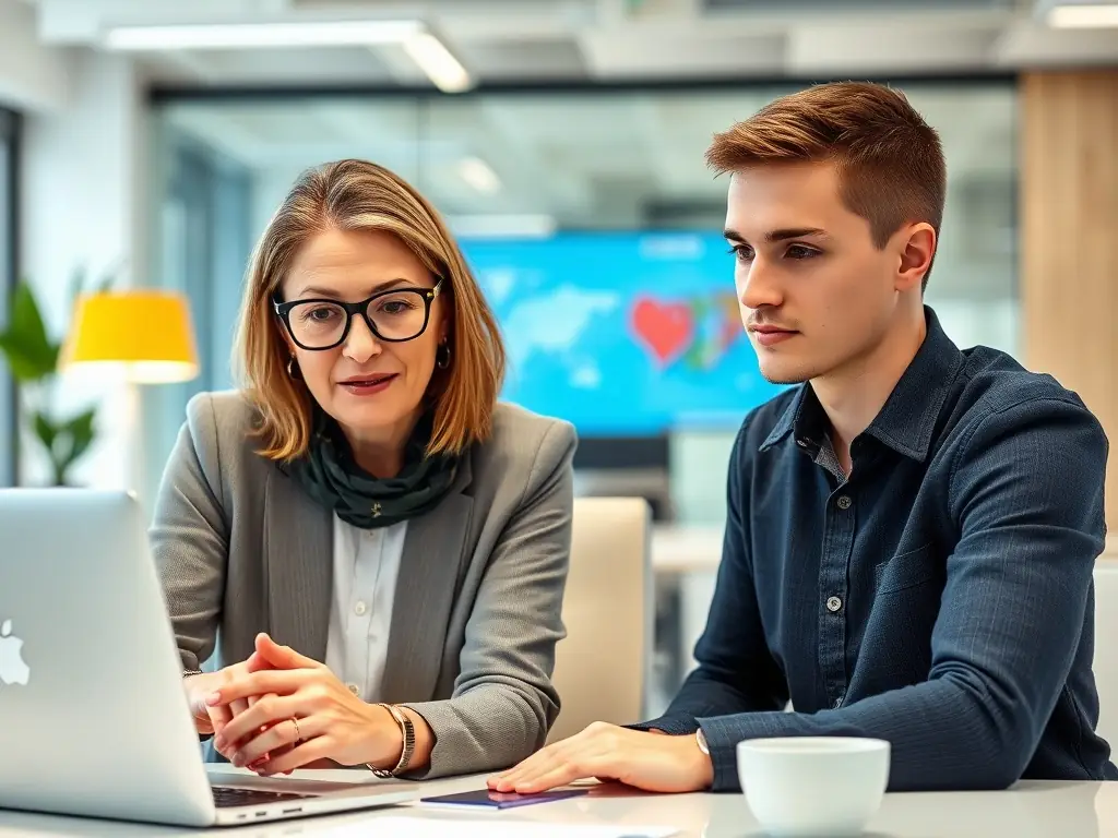 A senior employee is mentoring a younger colleague, sharing their expertise and experience, highlighting the value of knowledge transfer within the company.