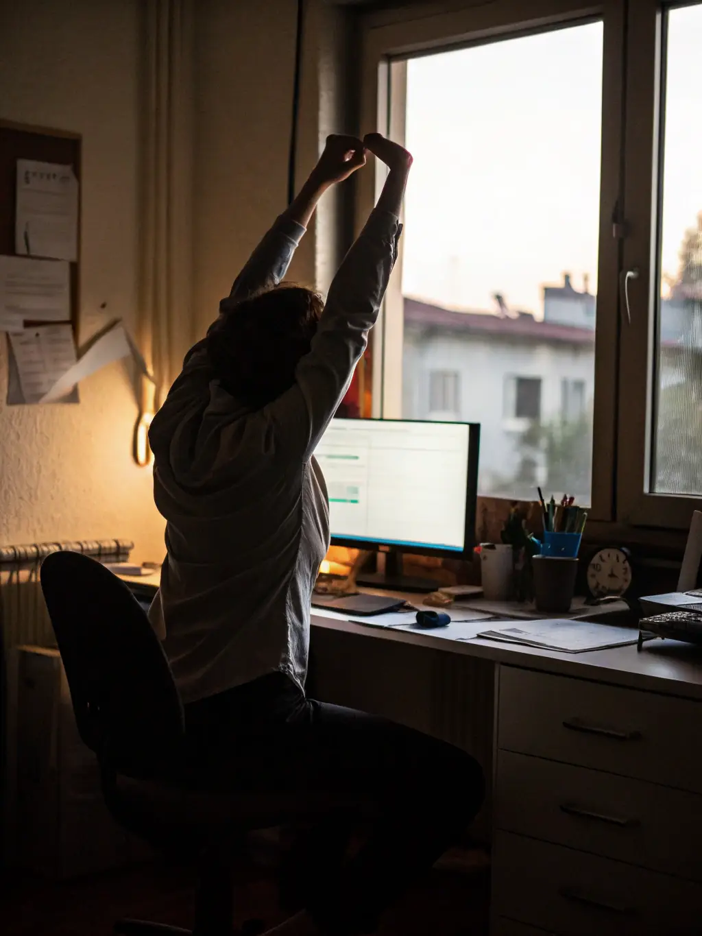 An employee looking stressed and tired at their desk, contrasted with an image of the same employee looking energetic and healthy after participating in a Fit-IQ program.