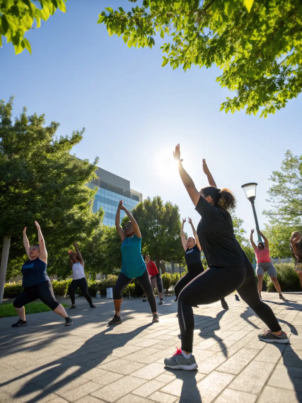 A company logo subtly integrated into a scene of happy and healthy employees participating in a wellness activity, reinforcing the positive impact on employer branding.