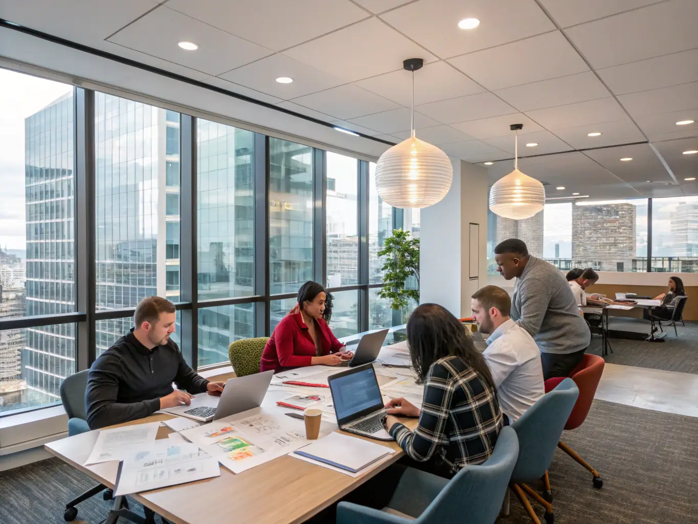 A diverse group of employees are engaged in a lively discussion around a table in a modern office setting, symbolizing open communication and collaboration facilitated by the Manager Compass Conversation.