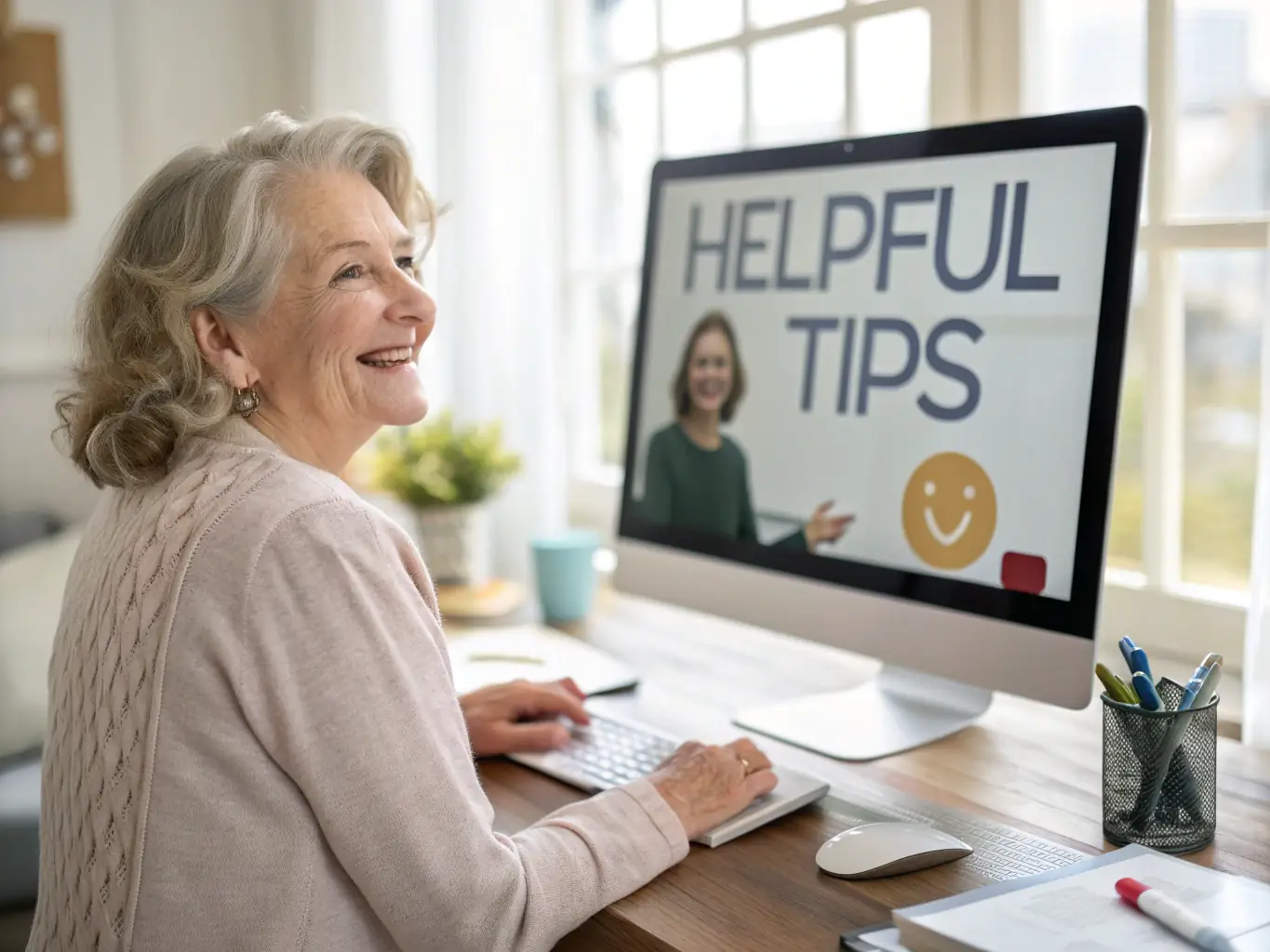 An experienced employee confidently using AI tools on their computer, demonstrating the ease and effectiveness of the FitIQ AI Training Module in enhancing digital skills.