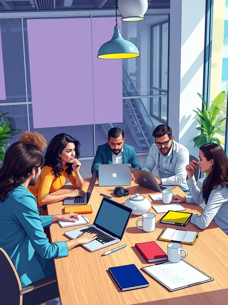 A diverse team of FitIQ consultants brainstorming solutions in a modern office, showcasing their collaborative approach to addressing demographic challenges.