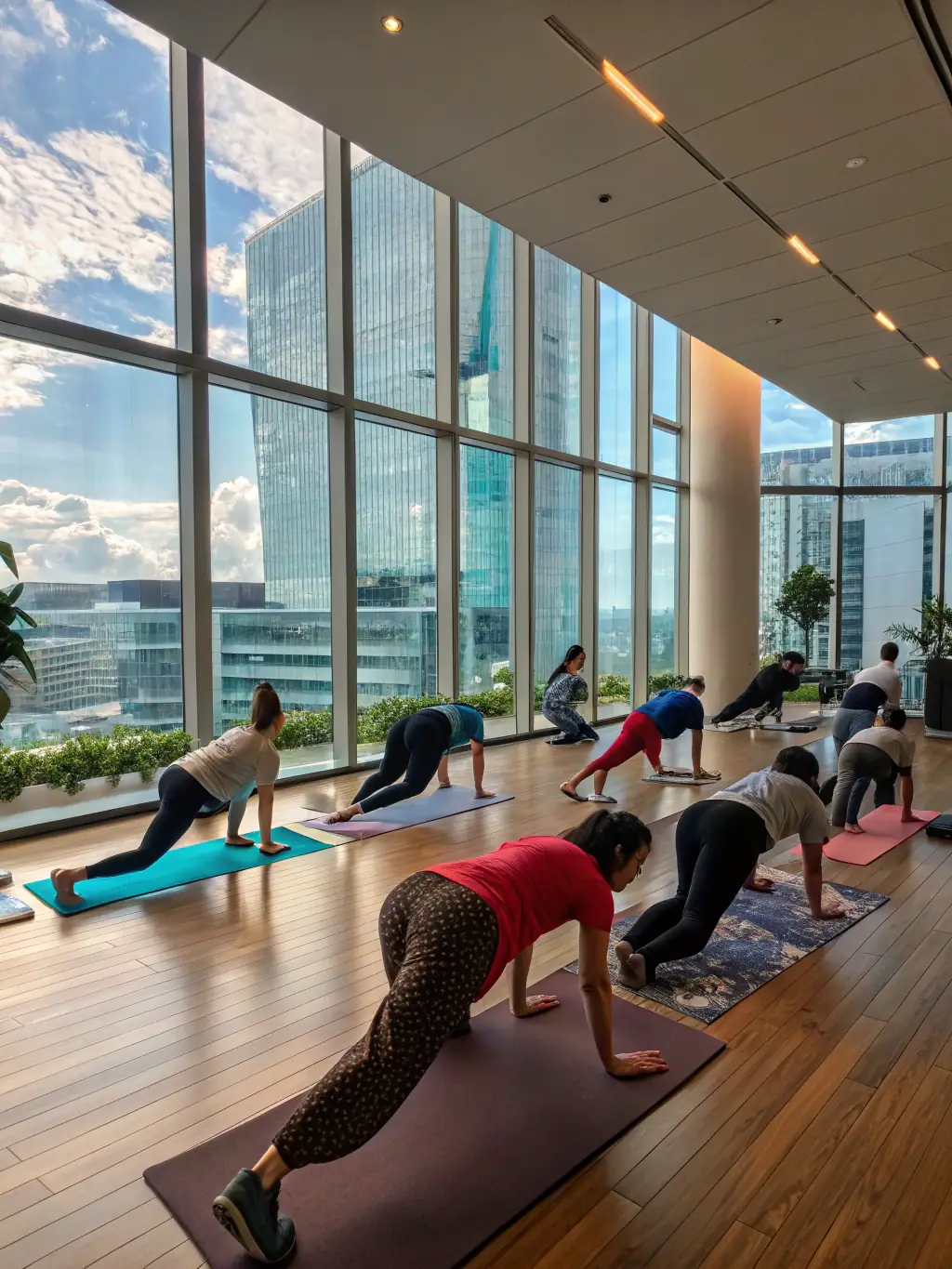 A group of employees participating in a physical agility program, such as yoga or stretching, in a modern office environment.